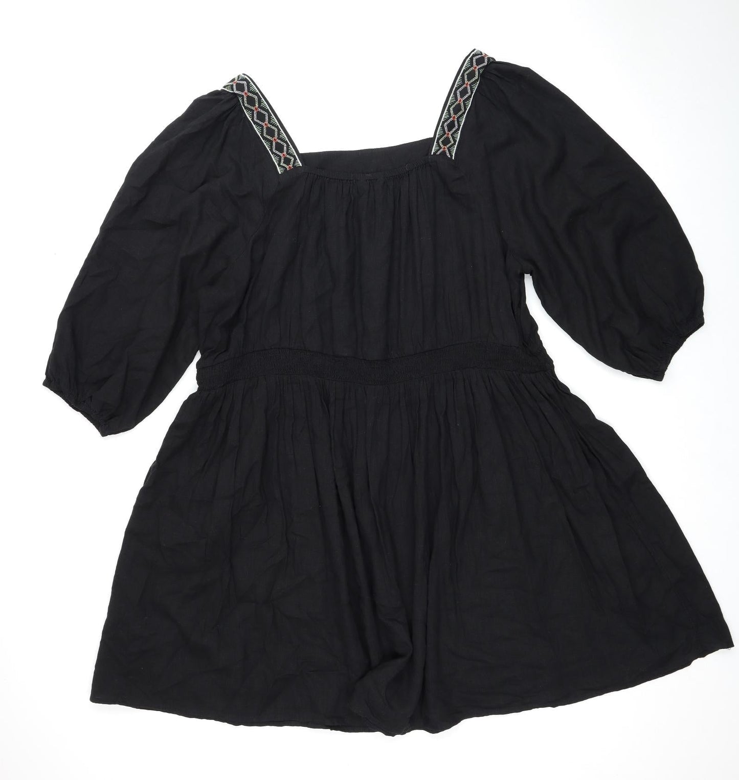 Marks and Spencer Womens Black Linen Trapeze & Swing Size 24 Square Neck Pullover - Shirred Top