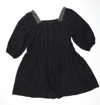 Marks and Spencer Womens Black Linen Trapeze & Swing Size 24 Square Neck Pullover - Shirred Top