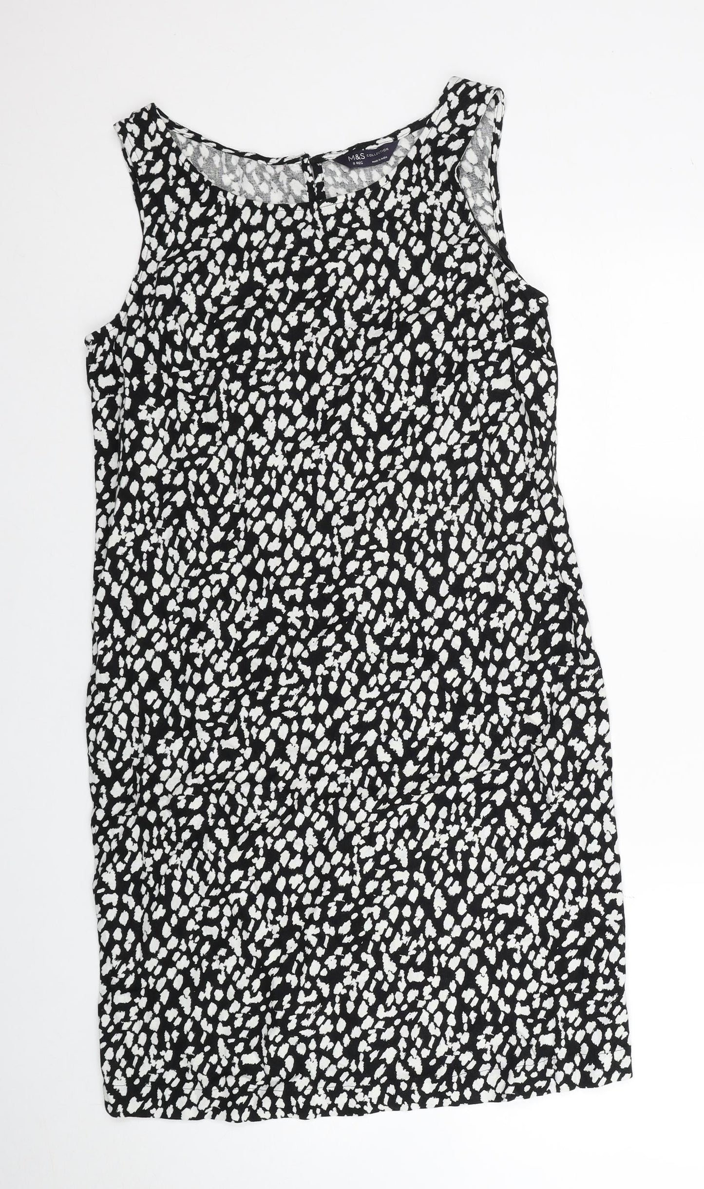 Marks and Spencer Womens Black Animal Print Linen Tank Dress Size 8 Boat Neck Pullover