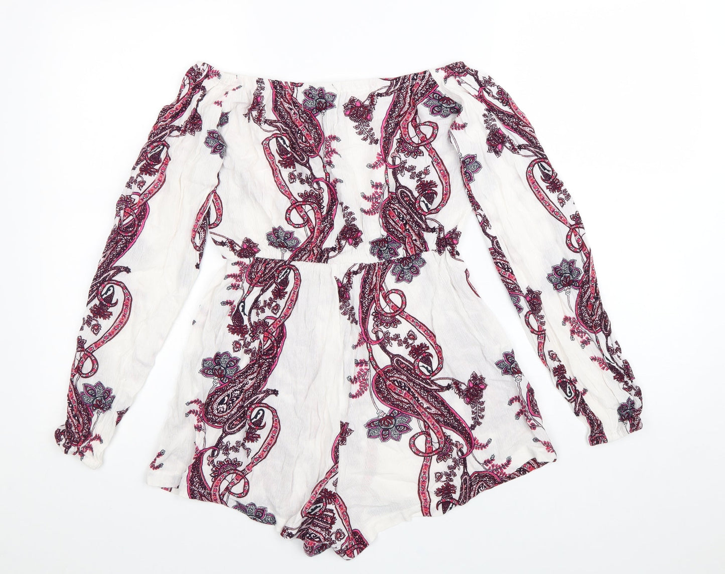 PRETTYLITTLETHING Womens White Paisley Viscose Playsuit One-Piece Size 6 Pullover