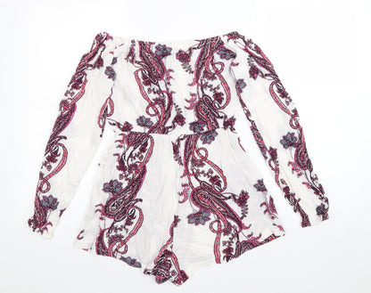 PRETTYLITTLETHING Womens White Paisley Viscose Playsuit One-Piece Size 6 Pullover