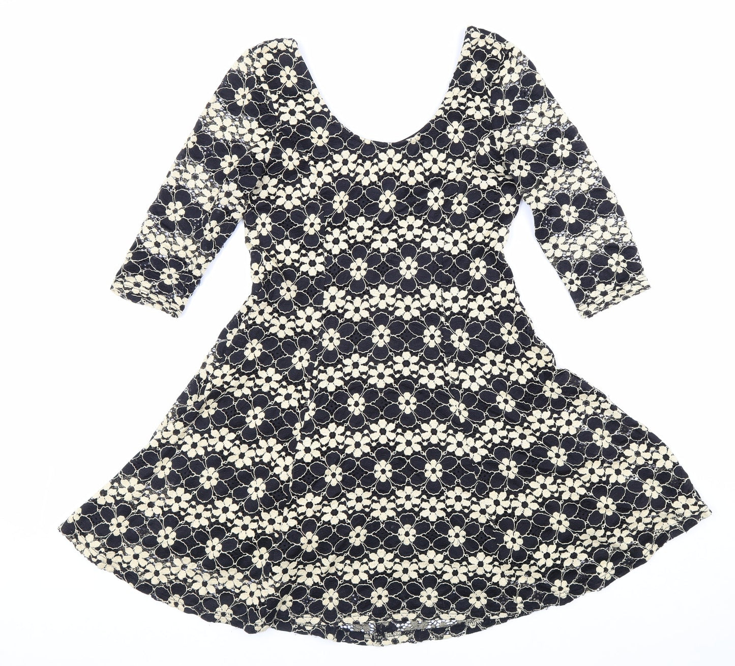 Izabel Womens Black Floral Polyester Skater Dress Size 8 Scoop Neck Pullover