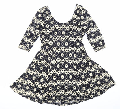 Izabel Womens Black Floral Polyester Skater Dress Size 8 Scoop Neck Pullover
