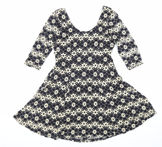 Izabel Womens Black Floral Polyester Skater Dress Size 8 Scoop Neck Pullover