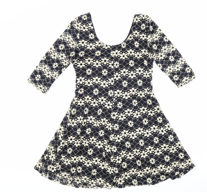 Izabel Womens Black Floral Polyester Skater Dress Size 8 Scoop Neck Pullover