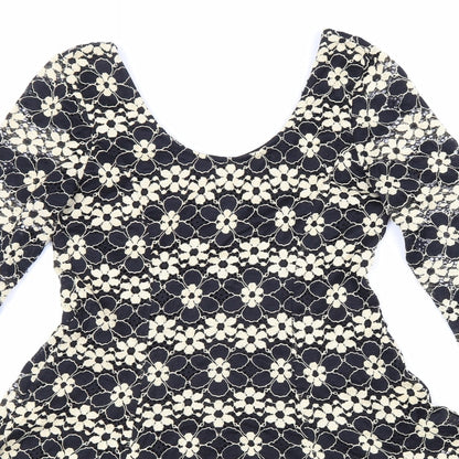 Izabel Womens Black Floral Polyester Skater Dress Size 8 Scoop Neck Pullover