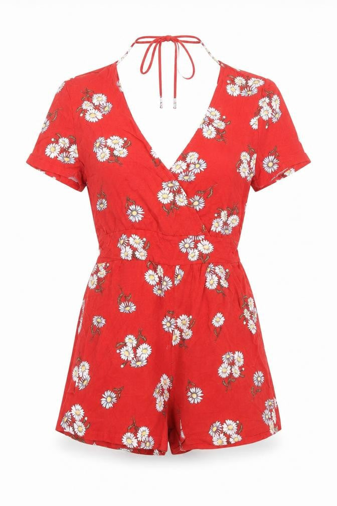 Divided Womens Red Floral Cotton Playsuit One-Piece Size XS L6 in Tie