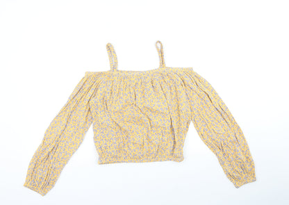 Marks and Spencer Girls Multicoloured Geometric Viscose Cropped Blouse Size 12-13 Years Square Neck Pullover