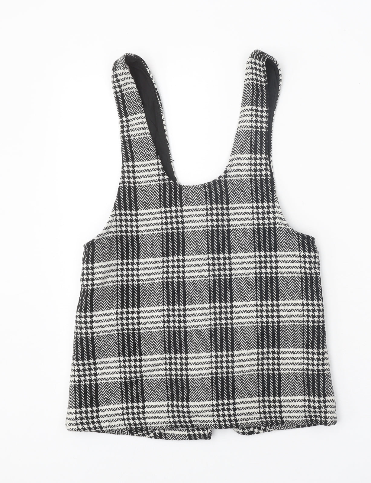 NEXT Girls Black Houndstooth Polyester Pinafore/Dungaree Dress Size 7 Years Scoop Neck Button