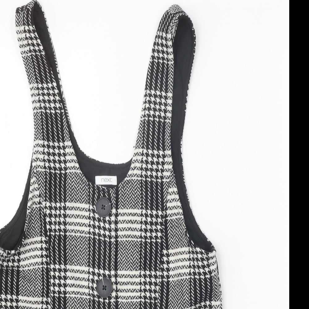 NEXT Girls Black Houndstooth Polyester Pinafore/Dungaree Dress Size 7 Years Scoop Neck Button
