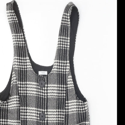 NEXT Girls Black Houndstooth Polyester Pinafore/Dungaree Dress Size 7 Years Scoop Neck Button