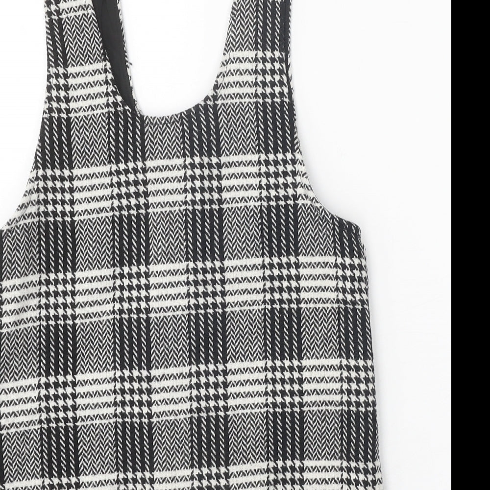 NEXT Girls Black Houndstooth Polyester Pinafore/Dungaree Dress Size 7 Years Scoop Neck Button