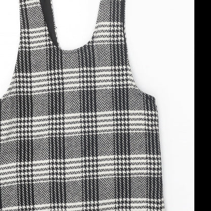 NEXT Girls Black Houndstooth Polyester Pinafore/Dungaree Dress Size 7 Years Scoop Neck Button