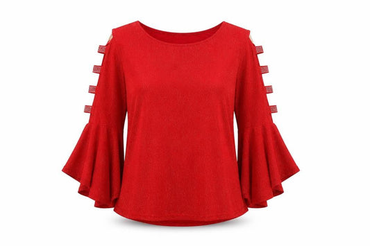 Klass Womens Red Polyester Basic Blouse Size S Boat Neck - Cold Shoulder Bell Sleeve