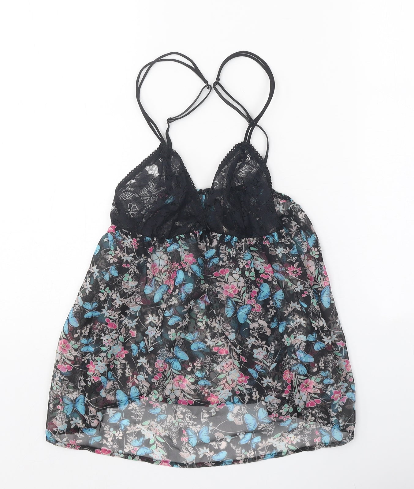 Accessorize Womens Black Geometric Polyester Basic Tank Size 10 V-Neck - Lace Detail, Butterfly Print