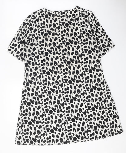 Glamorous Womens White Animal Print Polyester T-Shirt Dress Size 8 Boat Neck Pullover - Leopard Print