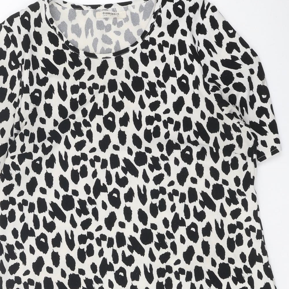 Glamorous Womens White Animal Print Polyester T-Shirt Dress Size 8 Boat Neck Pullover - Leopard Print