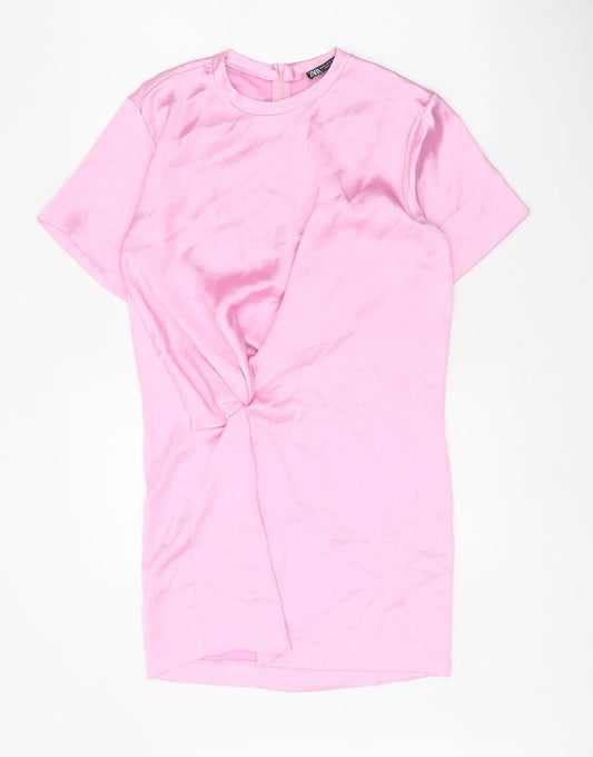 Zara Womens Pink Polyester Sheath Size XS Round Neck Zip - Twist Detail