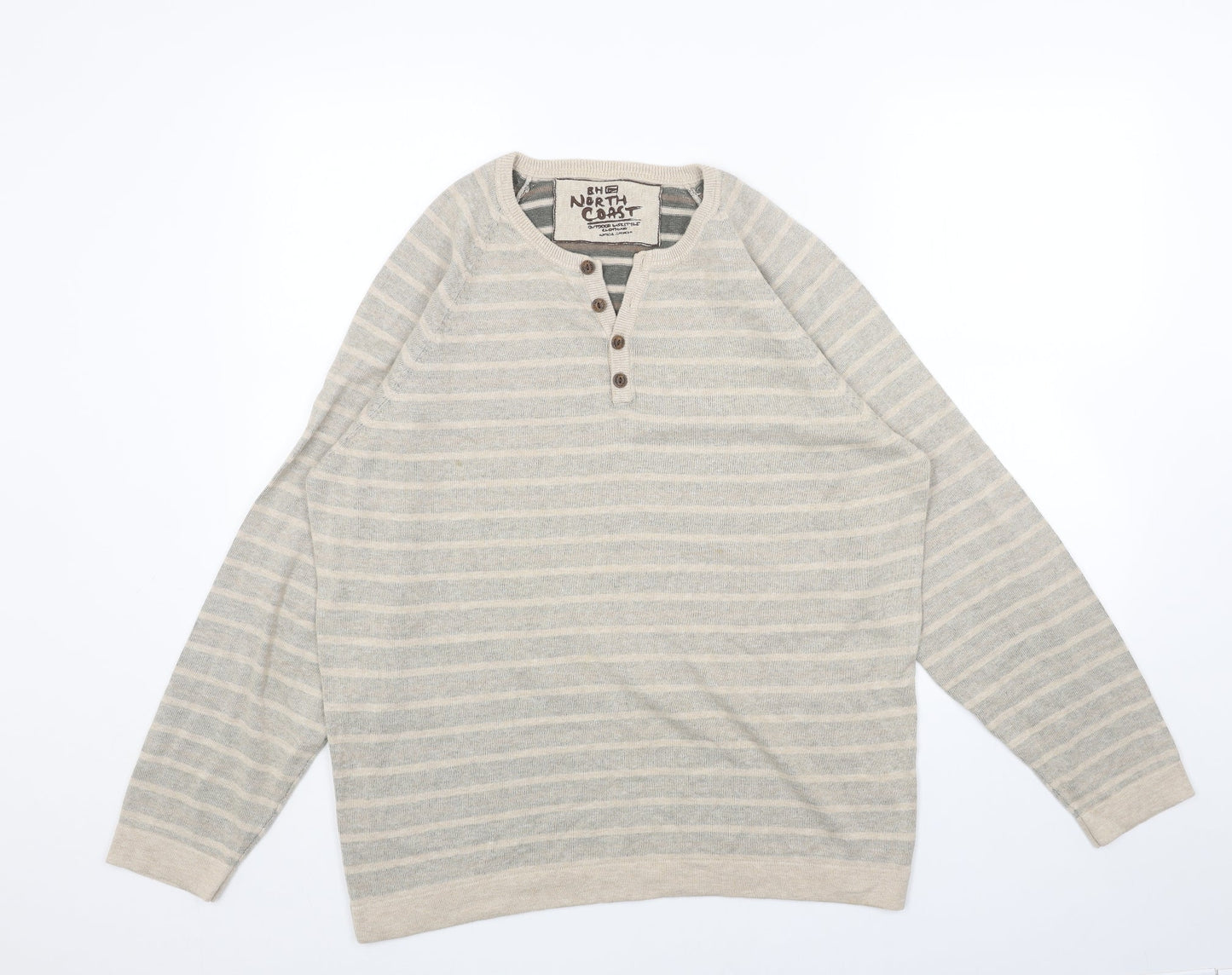 Marks and Spencer Mens Beige V-Neck Striped Acrylic Pullover Jumper Size L Long Sleeve