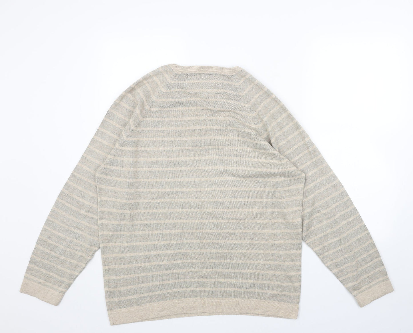Marks and Spencer Mens Beige V-Neck Striped Acrylic Pullover Jumper Size L Long Sleeve