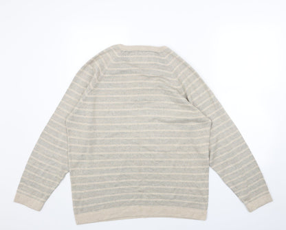Marks and Spencer Mens Beige V-Neck Striped Acrylic Pullover Jumper Size L Long Sleeve