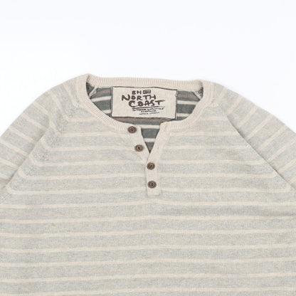 Marks and Spencer Mens Beige V-Neck Striped Acrylic Pullover Jumper Size L Long Sleeve