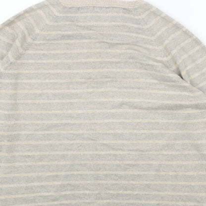 Marks and Spencer Mens Beige V-Neck Striped Acrylic Pullover Jumper Size L Long Sleeve