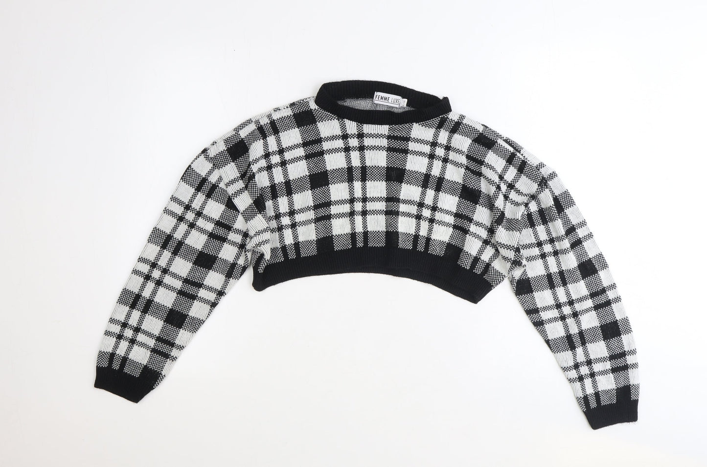 Fem Luxe Womens Black Round Neck Plaid Acrylic Pullover Jumper Size S - Cropped