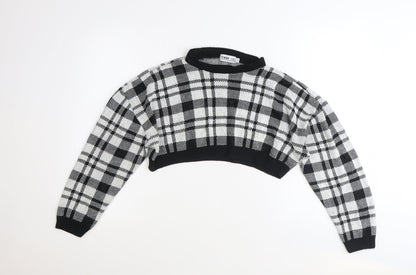 Fem Luxe Womens Black Round Neck Plaid Acrylic Pullover Jumper Size S - Cropped