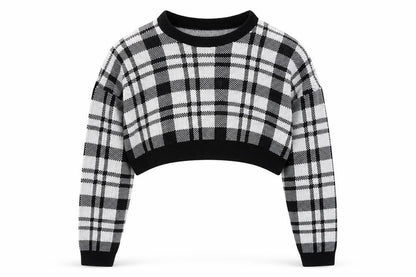 Fem Luxe Womens Black Round Neck Plaid Acrylic Pullover Jumper Size S - Cropped
