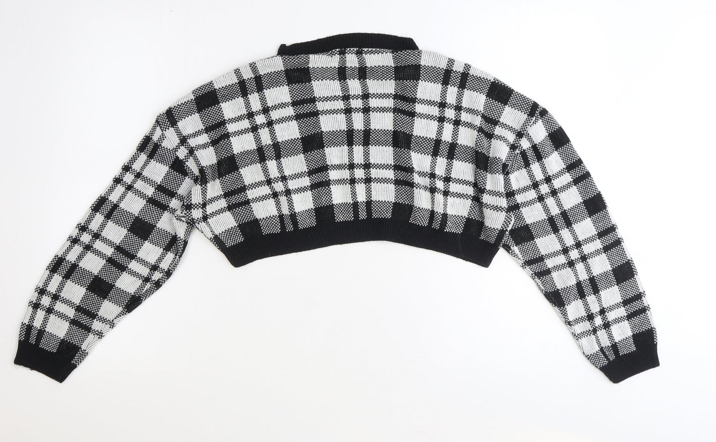 Fem Luxe Womens Black Round Neck Plaid Acrylic Pullover Jumper Size S - Cropped