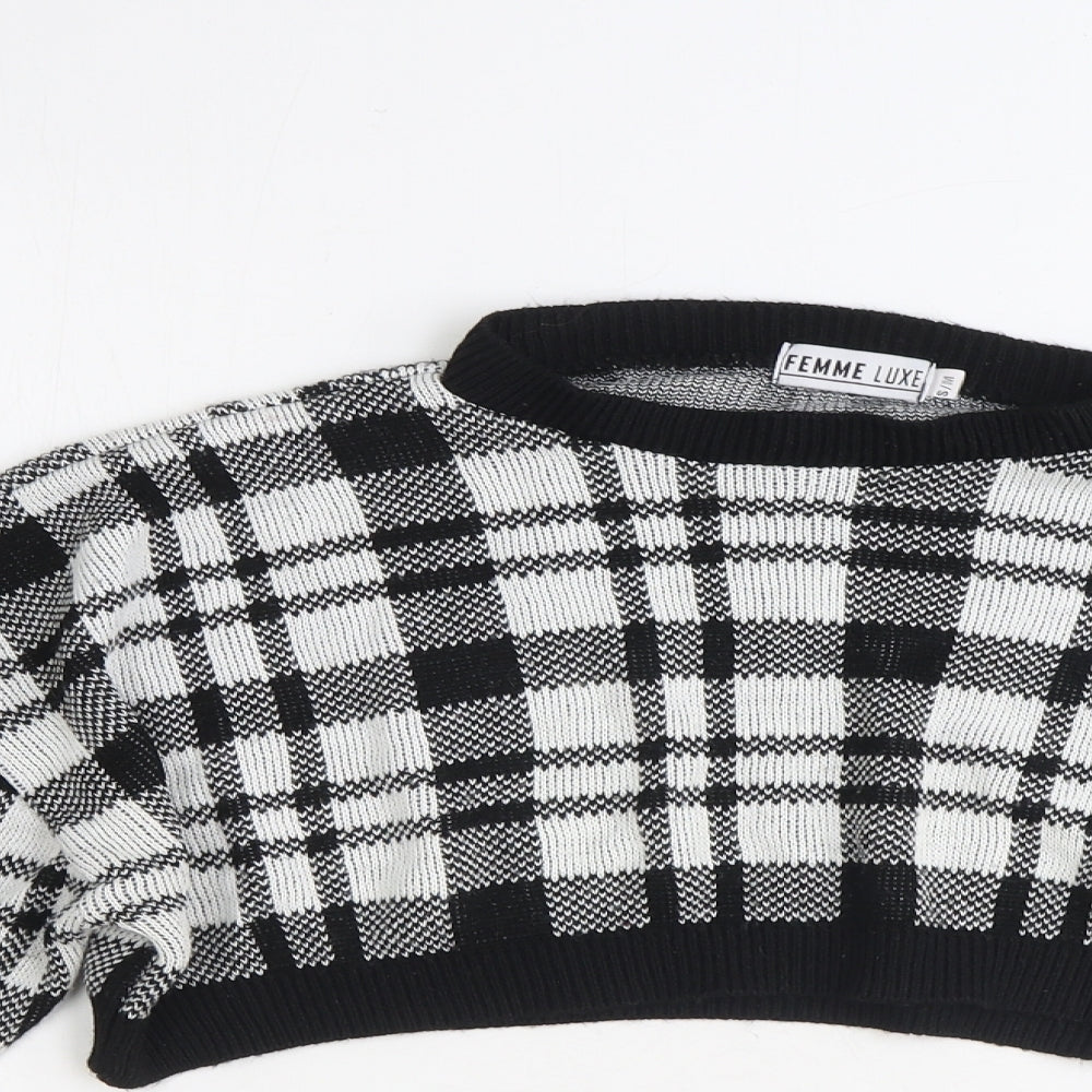 Fem Luxe Womens Black Round Neck Plaid Acrylic Pullover Jumper Size S - Cropped