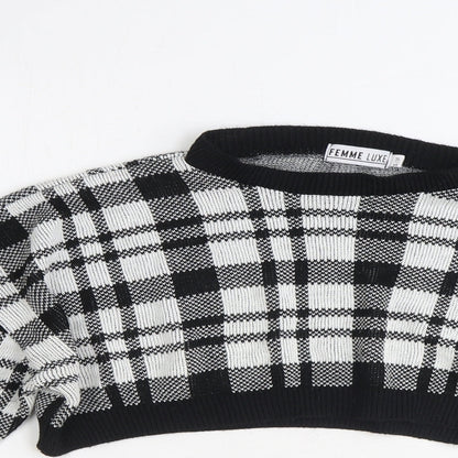 Fem Luxe Womens Black Round Neck Plaid Acrylic Pullover Jumper Size S - Cropped