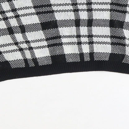 Fem Luxe Womens Black Round Neck Plaid Acrylic Pullover Jumper Size S - Cropped