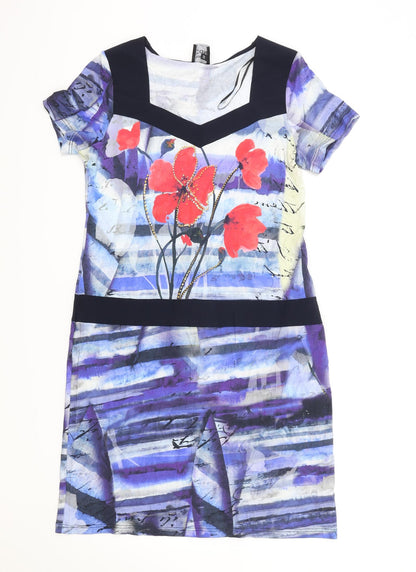 Pause Cafe Womens Blue Geometric Viscose Shift Size 8 V-Neck Pullover