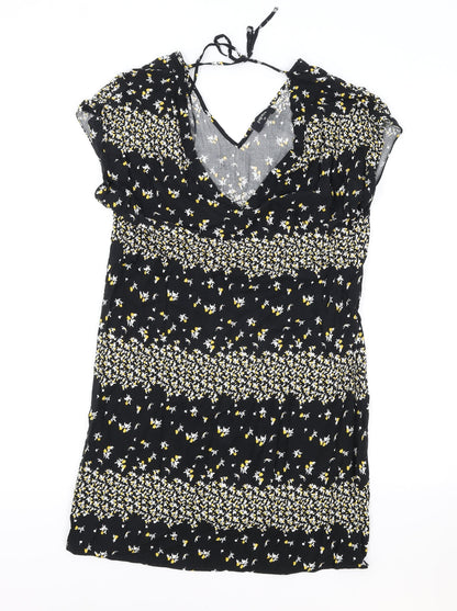 Papaya Womens Black Floral Viscose Shift Size 10 V-Neck Tie