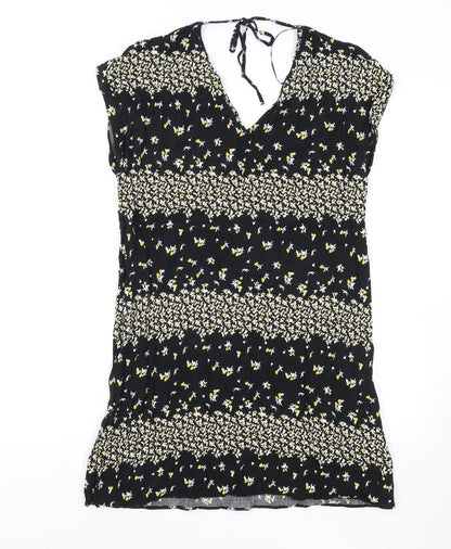 Papaya Womens Black Floral Viscose Shift Size 10 V-Neck Tie