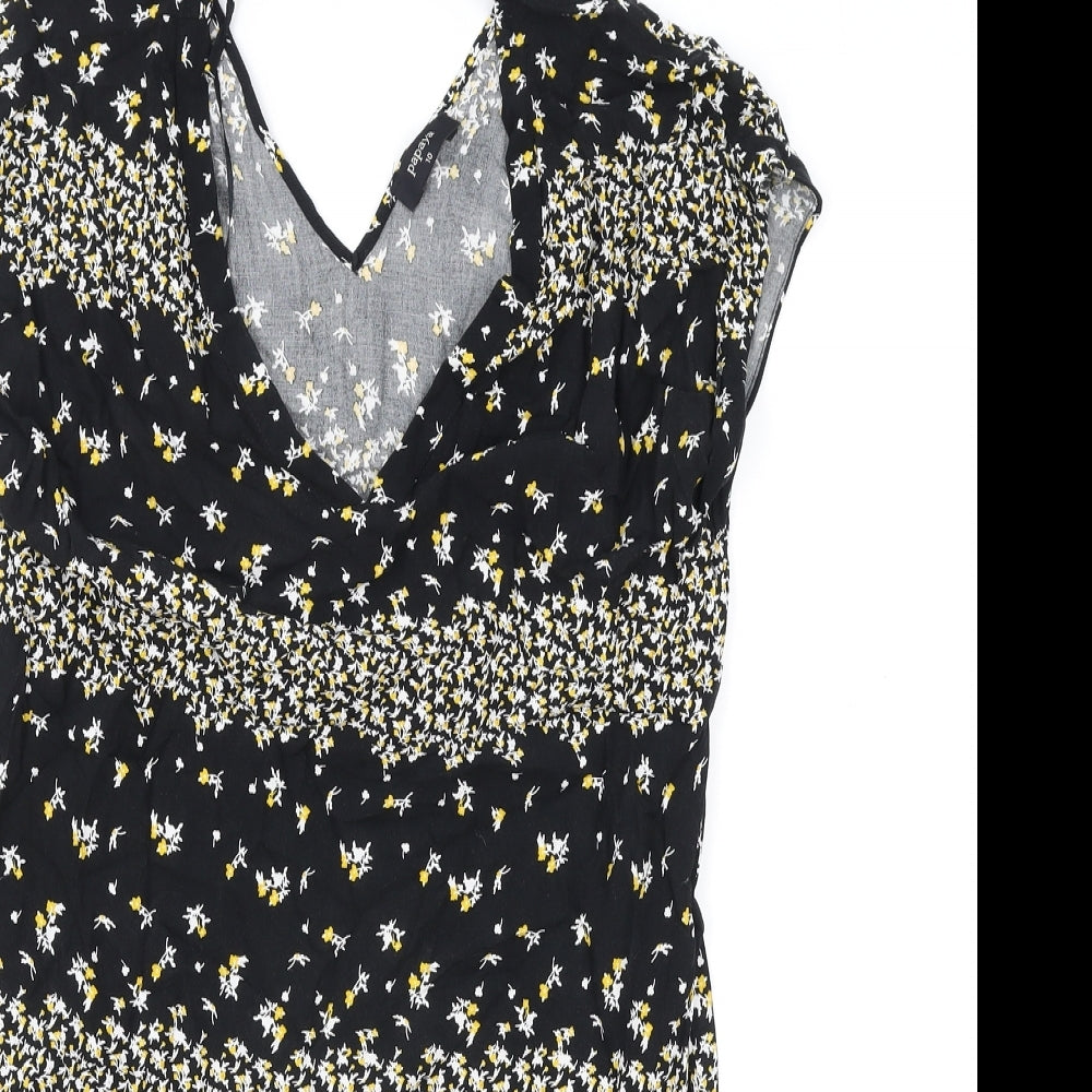 Papaya Womens Black Floral Viscose Shift Size 10 V-Neck Tie