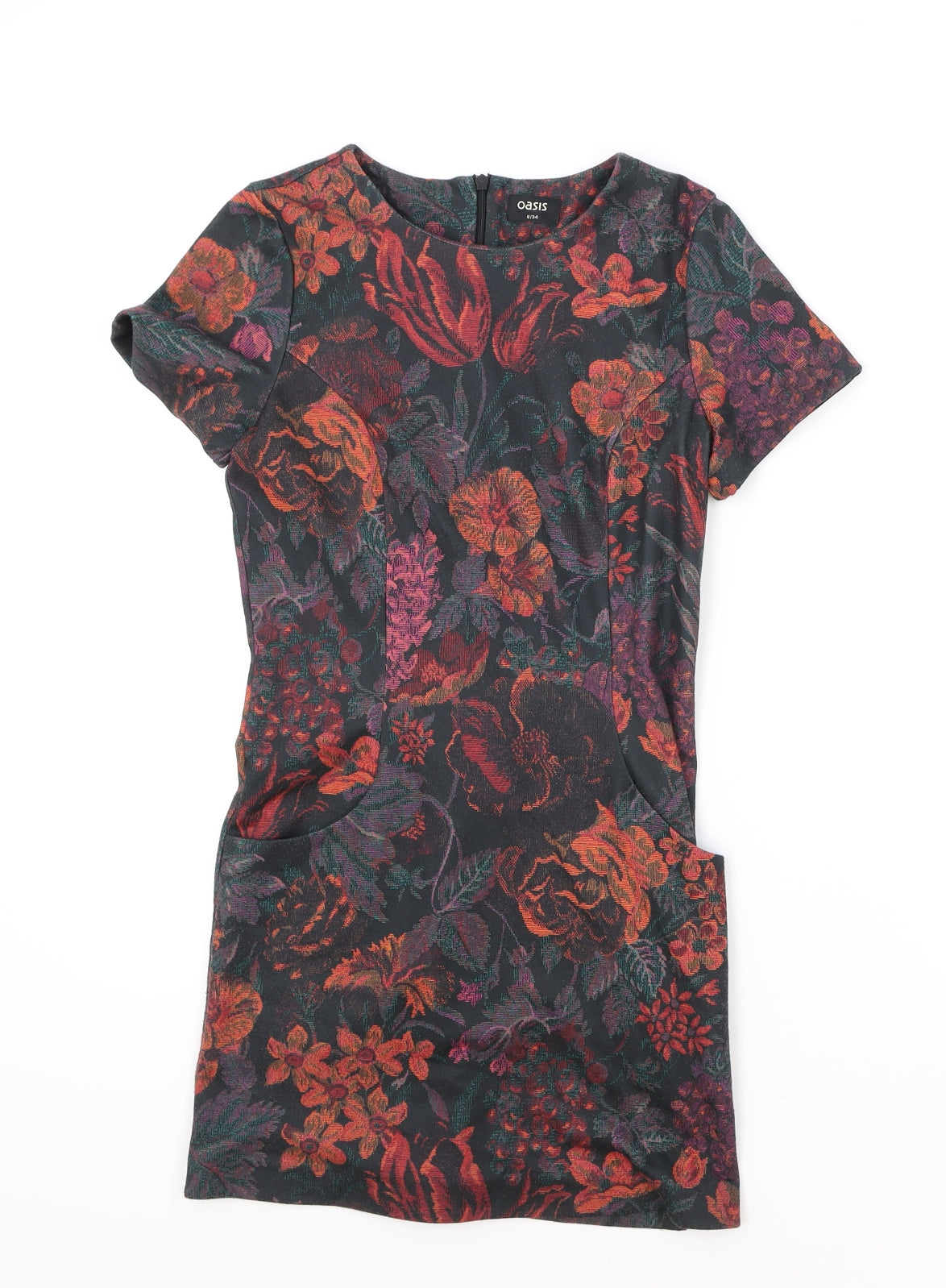Oasis Womens Black Floral Polyester Shift Size 8 Boat Neck Zip