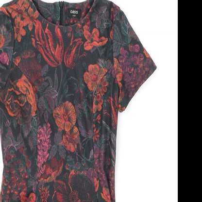Oasis Womens Black Floral Polyester Shift Size 8 Boat Neck Zip