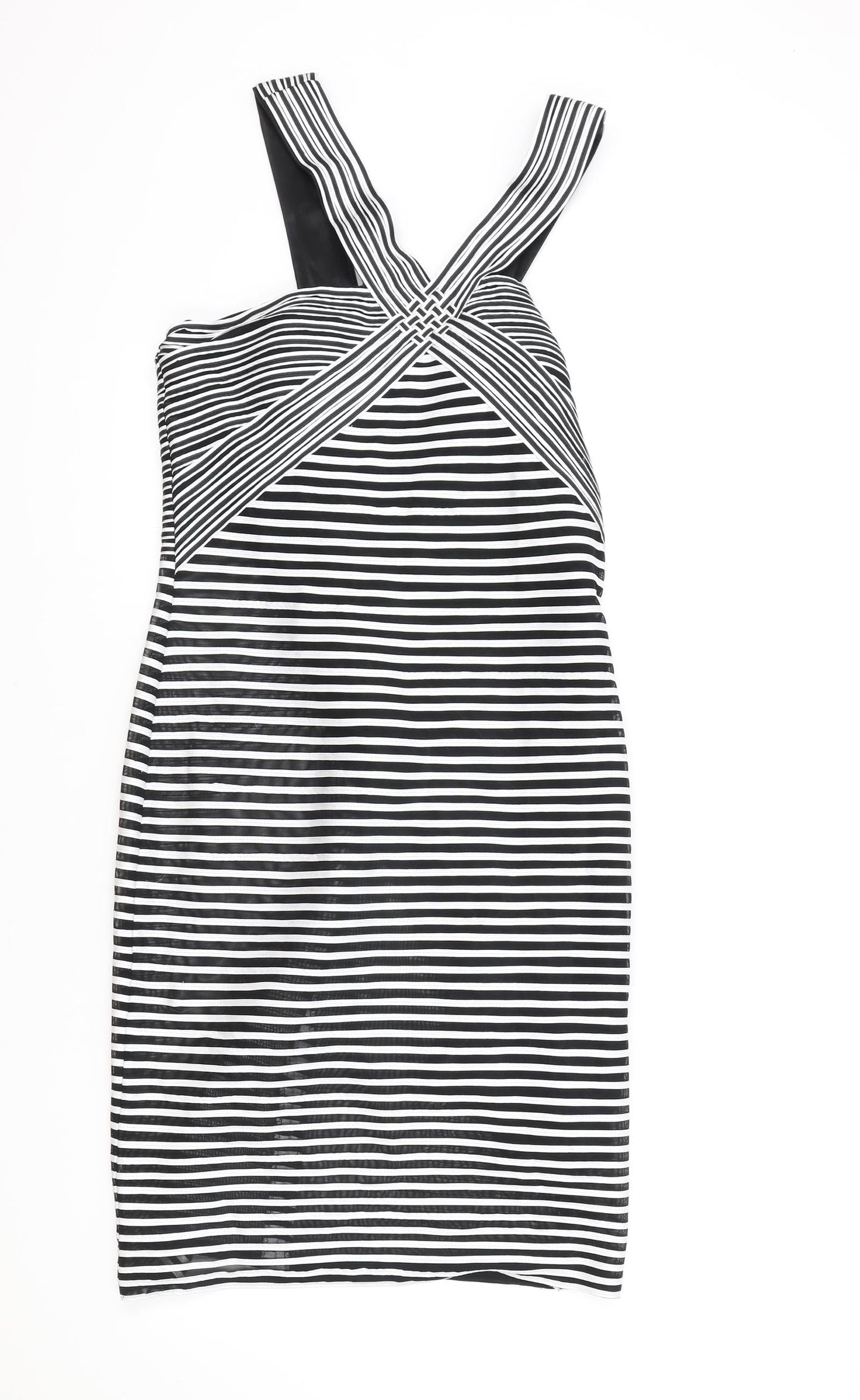 Madeline Womens Black Striped Polyester Bodycon Size 14 V-Neck Zip