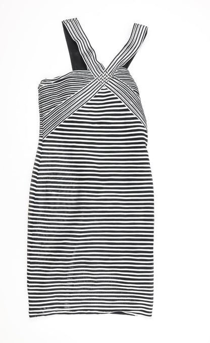 Madeline Womens Black Striped Polyester Bodycon Size 14 V-Neck Zip