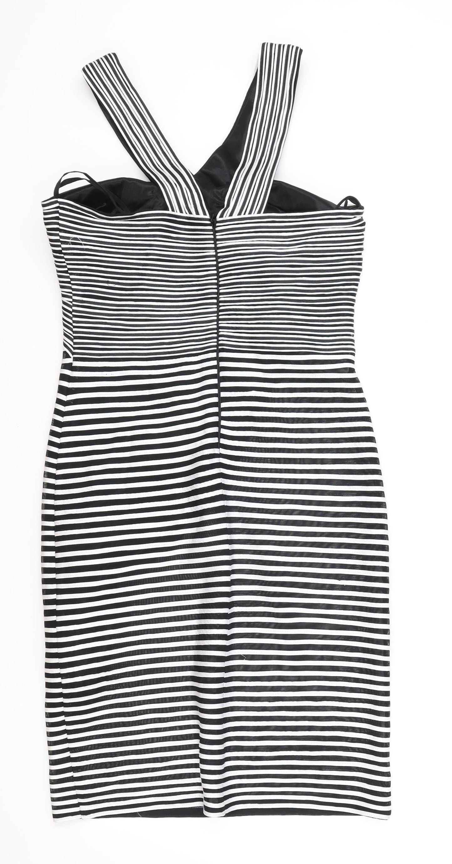 Madeline Womens Black Striped Polyester Bodycon Size 14 V-Neck Zip