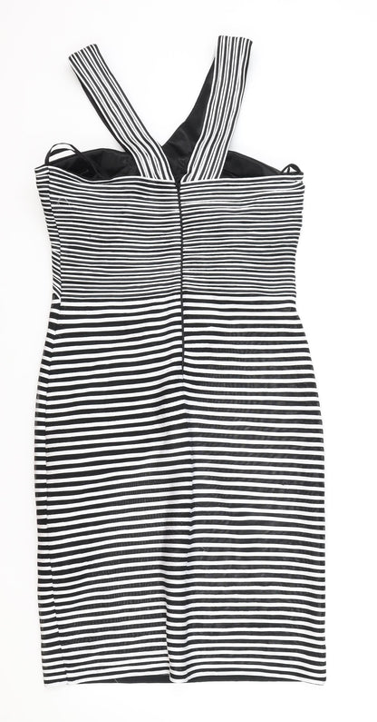 Madeline Womens Black Striped Polyester Bodycon Size 14 V-Neck Zip