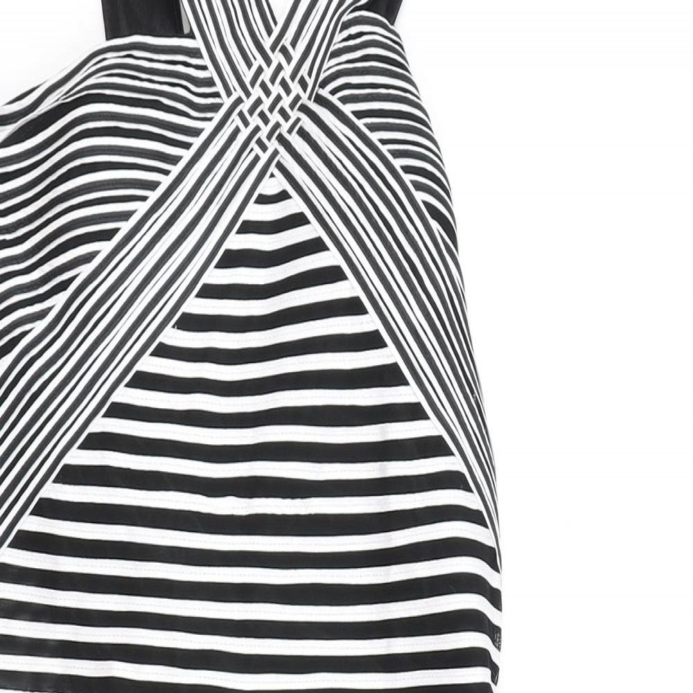 Madeline Womens Black Striped Polyester Bodycon Size 14 V-Neck Zip