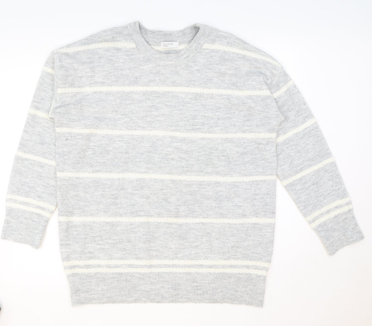 Papaya Womens Grey Round Neck Striped Acrylic Pullover Jumper Size L