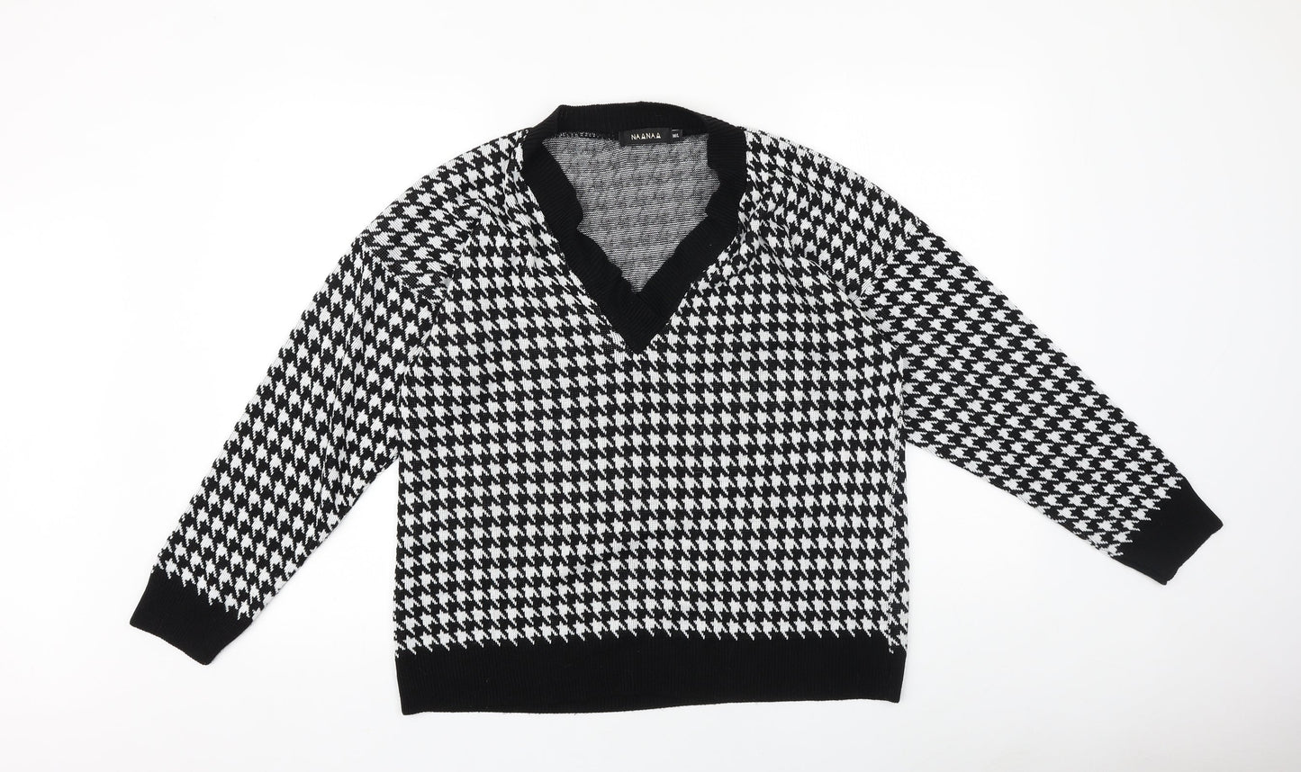 NAANAA Womens Black V-Neck Geometric 100% Cotton Pullover Jumper Size M