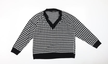 NAANAA Womens Black V-Neck Geometric 100% Cotton Pullover Jumper Size M