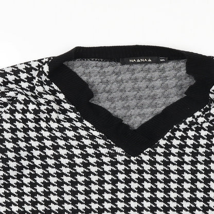 NAANAA Womens Black V-Neck Geometric 100% Cotton Pullover Jumper Size M