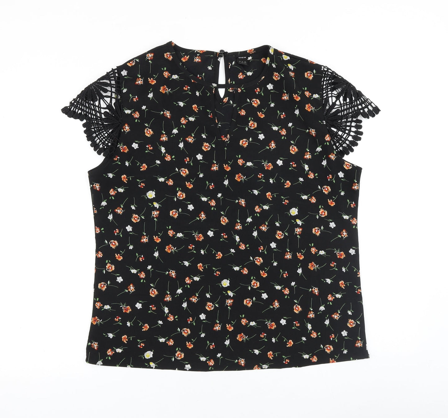 SheIn Womens Black Geometric Polyester Basic Blouse Size L Round Neck - Lace Detail